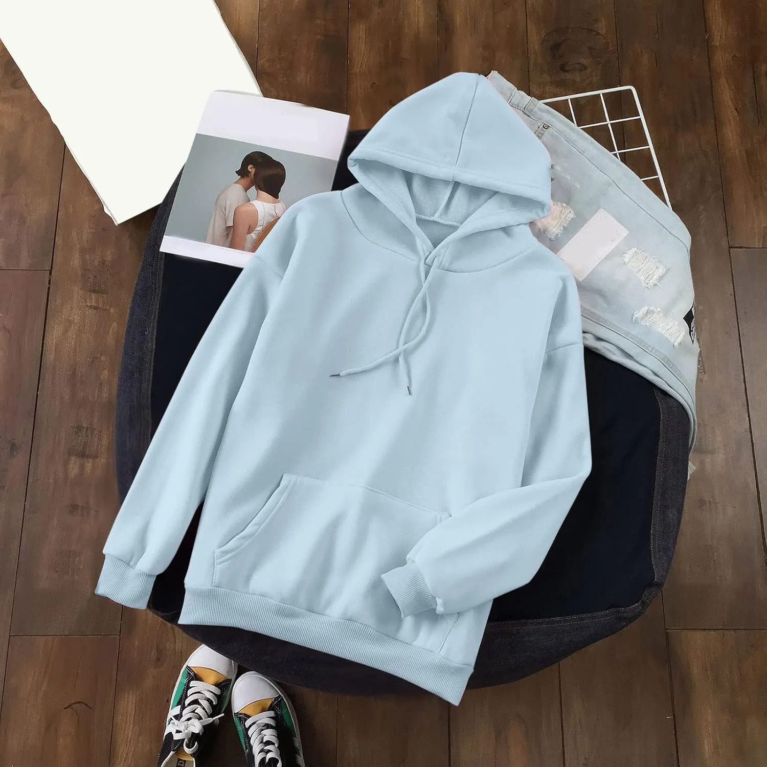 Long Sleeve Simple Hoodies for Women Slouchy Fit Casual Hooded Sweatshirt Fall Comfy Drawstring Tops with Pockets