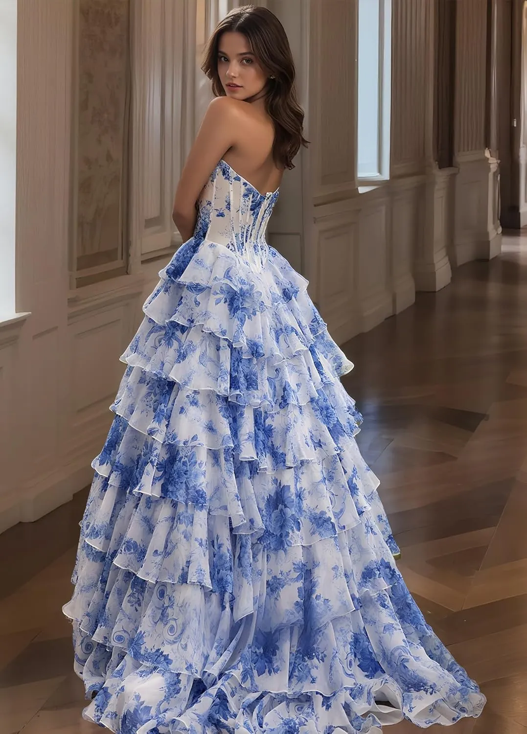 LVNES Tiered Birthday Prom Strapless Corset Dress with Floral High Slit Chiffon Ruffle Formal Grown