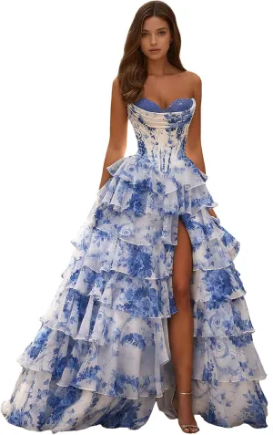 LVNES Tiered Birthday Prom Strapless Corset Dress with Floral High Slit Chiffon Ruffle Formal Grown