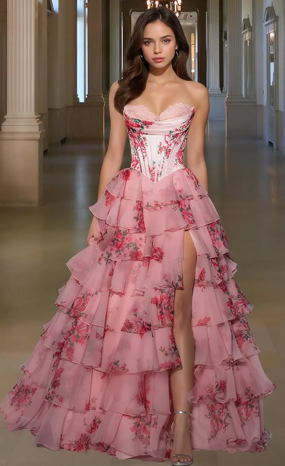 LVNES Tiered Birthday Prom Strapless Corset Dress with Floral High Slit Chiffon Ruffle Formal Grown