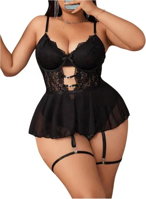 MakeMeChic Women's Plus Size Teddy Lingerie Sets with Garter Cut Out Floral Lace Exotic Lingerie Bodysuit
