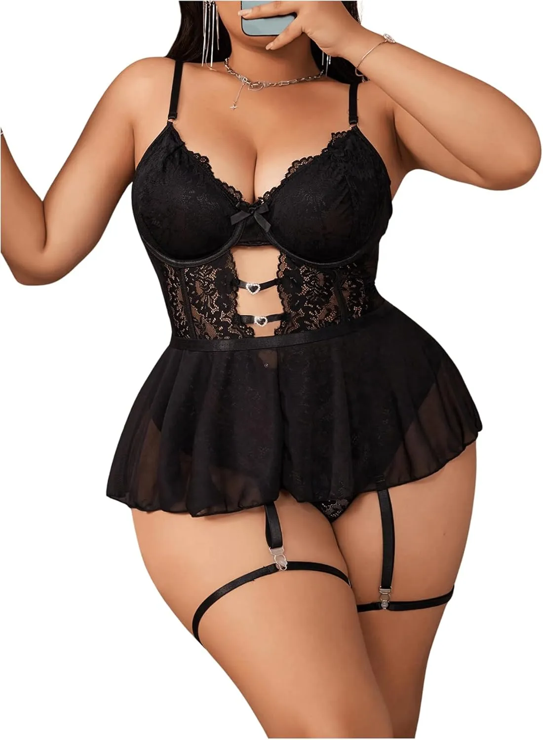 MakeMeChic Women's Plus Size Teddy Lingerie Sets with Garter Cut Out Floral Lace Exotic Lingerie Bodysuit