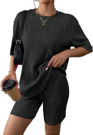 Matching Lounge Sets for Women 2 Piece Texture Pajama Set Short Sleeve T-Shirt Biker Shorts Loungewear