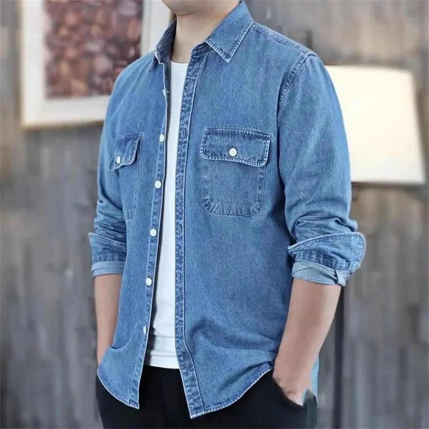 Men Denim Jackets Vintage Loose Trucker Jackets Long Sleeve Button Casual Denim Outerwear