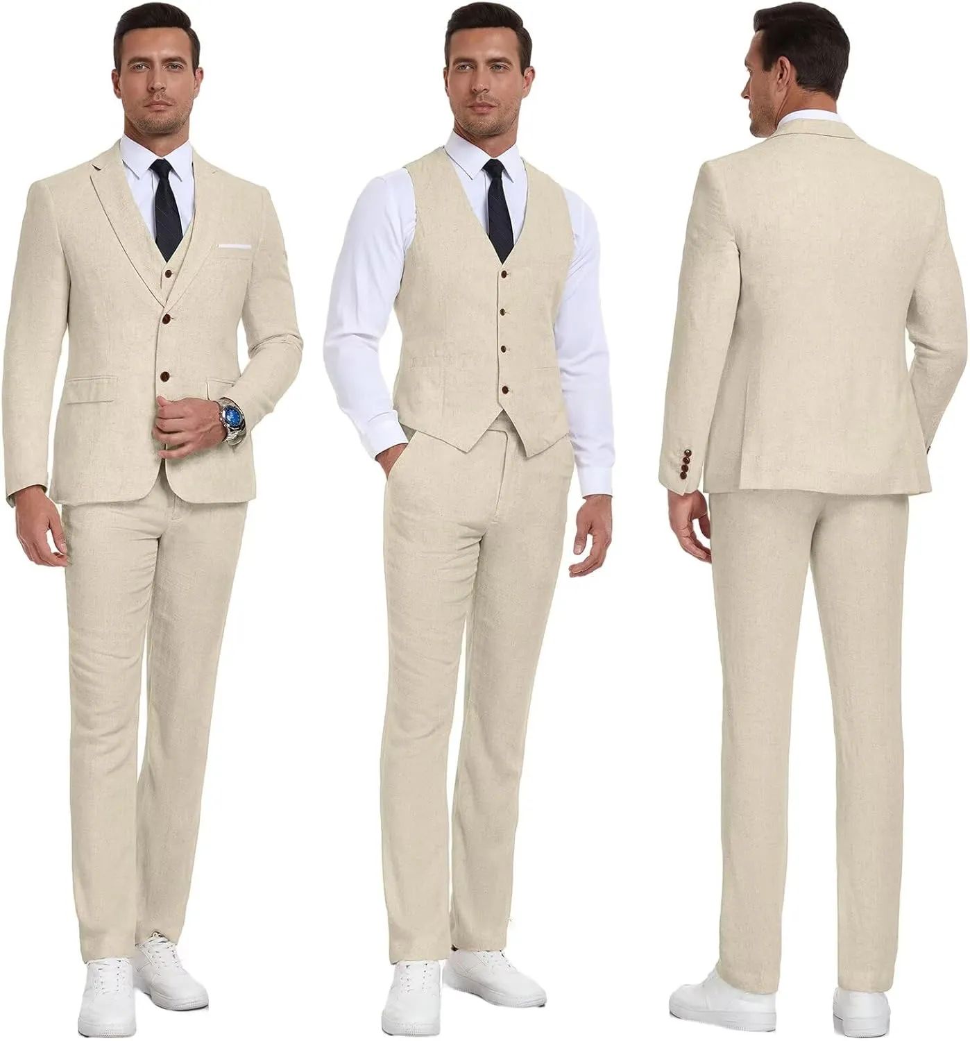 Men Suits Linen Beach Wedding Suits 3 Piece Groomsmen Attire Linen Blazer Vest Pant Prom Tuxedo