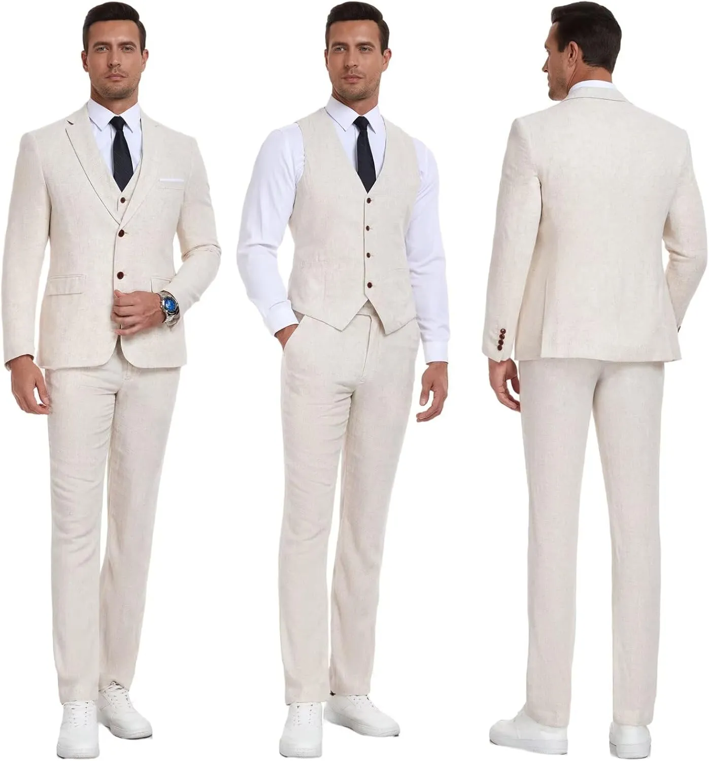 Men Suits Linen Beach Wedding Suits 3 Piece Groomsmen Attire Linen Blazer Vest Pant Prom Tuxedo