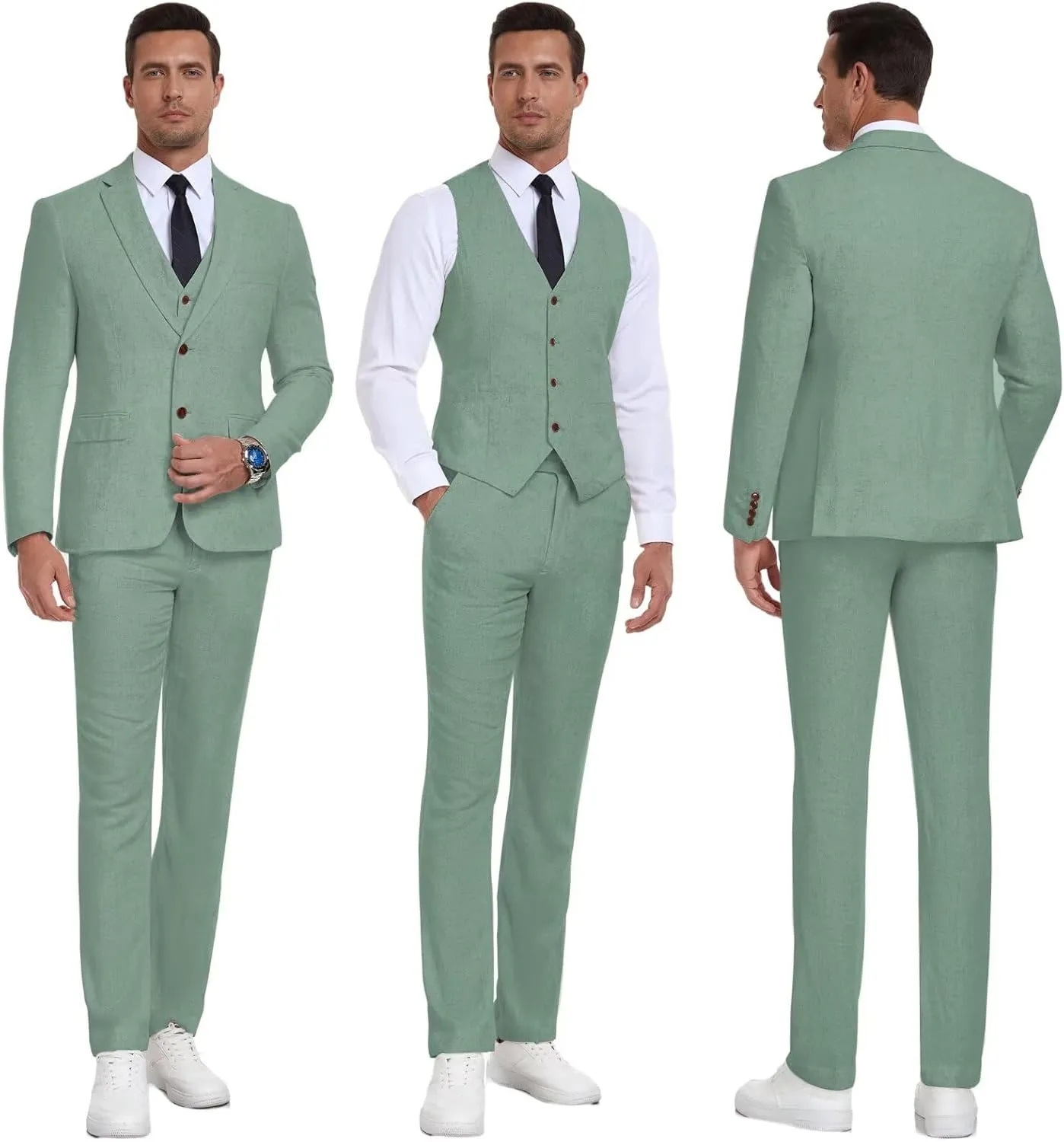 Men Suits Linen Beach Wedding Suits 3 Piece Groomsmen Attire Linen Blazer Vest Pant Prom Tuxedo