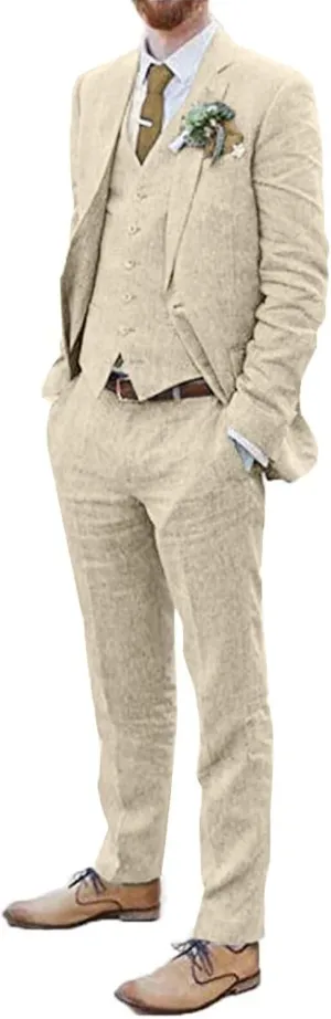 Men Suits Linen Beach Wedding Suits 3 Piece Groomsmen Attire Linen Blazer Vest Pant Prom Tuxedo