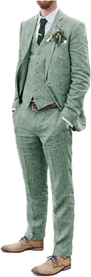 Men Suits Linen Beach Wedding Suits 3 Piece Groomsmen Attire Linen Blazer Vest Pant Prom Tuxedo