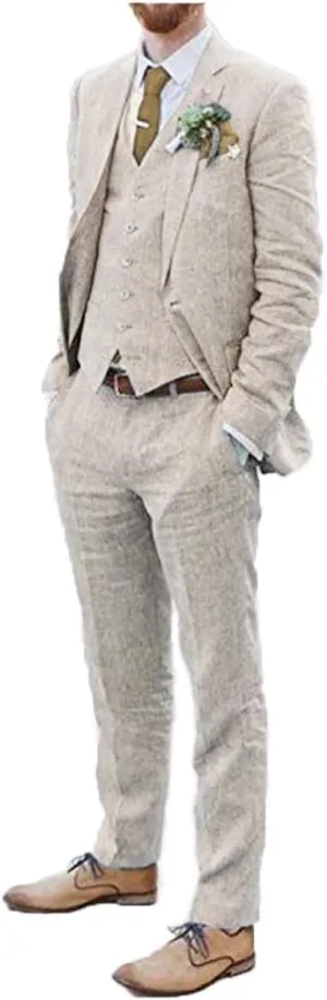 Men Suits Linen Beach Wedding Suits 3 Piece Groomsmen Attire Linen Blazer Vest Pant Prom Tuxedo
