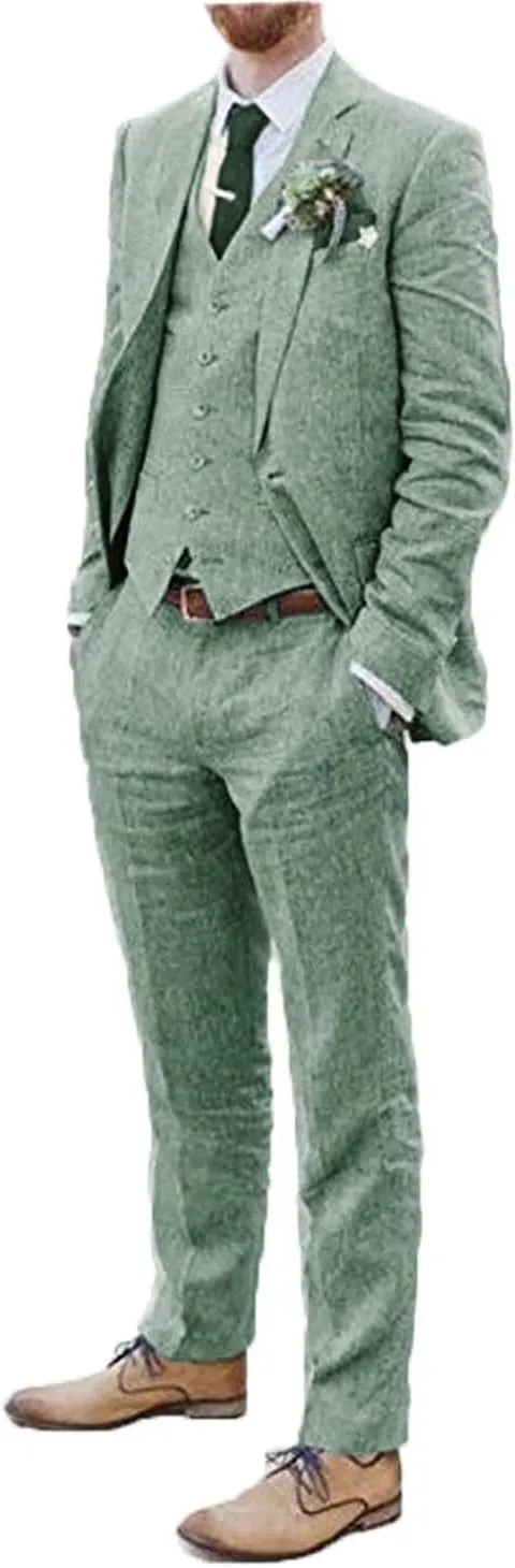 Men Suits Linen Beach Wedding Suits 3 Piece Groomsmen Attire Linen Blazer Vest Pant Prom Tuxedo