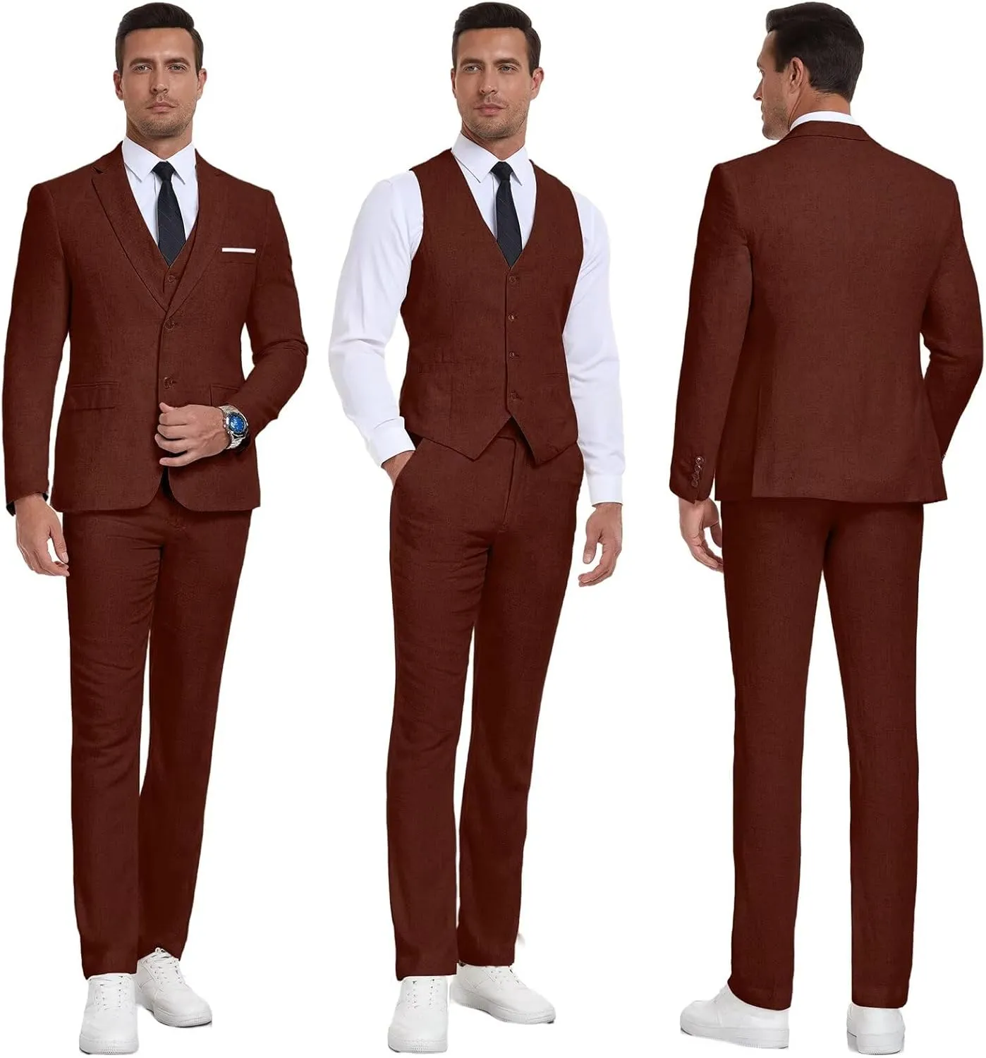 Men Suits Linen Beach Wedding Suits 3 Piece Groomsmen Attire Linen Blazer Vest Pant Prom Tuxedo