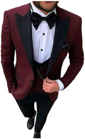 Men's 3 PC Red Notch Lapel Wedding Suits Slim Fit Groom Tuxedos Prom Suits Casual Suit