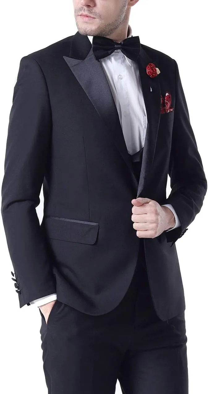 Men's 3 PC Red Notch Lapel Wedding Suits Slim Fit Groom Tuxedos Prom Suits Casual Suit