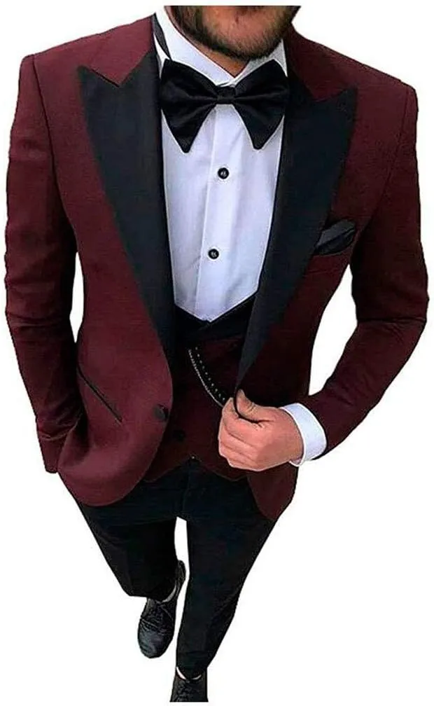 Men's 3 PC Red Notch Lapel Wedding Suits Slim Fit Groom Tuxedos Prom Suits Casual Suit