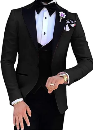 Men's 3 PC Red Notch Lapel Wedding Suits Slim Fit Groom Tuxedos Prom Suits Casual Suit