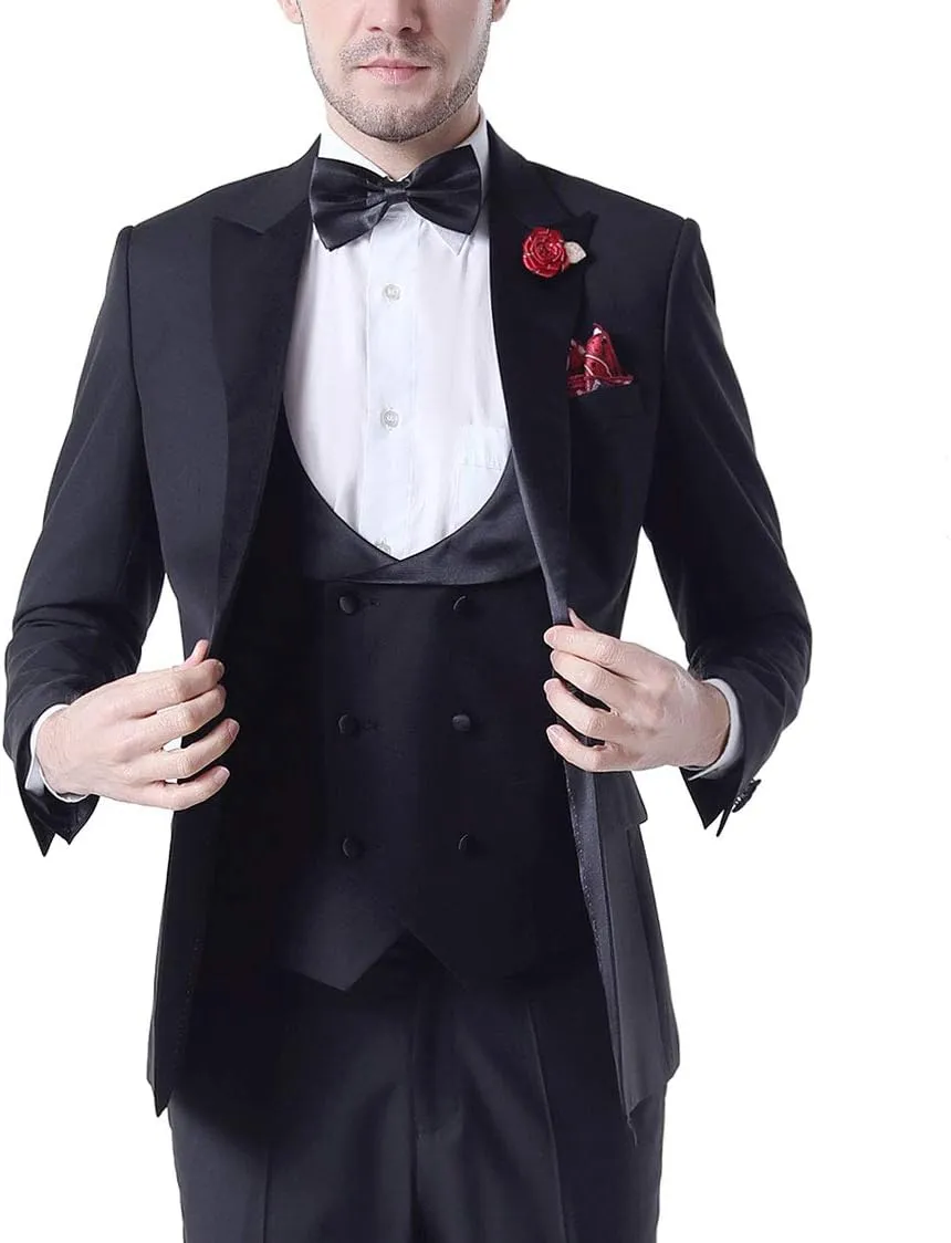 Men's 3 PC Red Notch Lapel Wedding Suits Slim Fit Groom Tuxedos Prom Suits Casual Suit