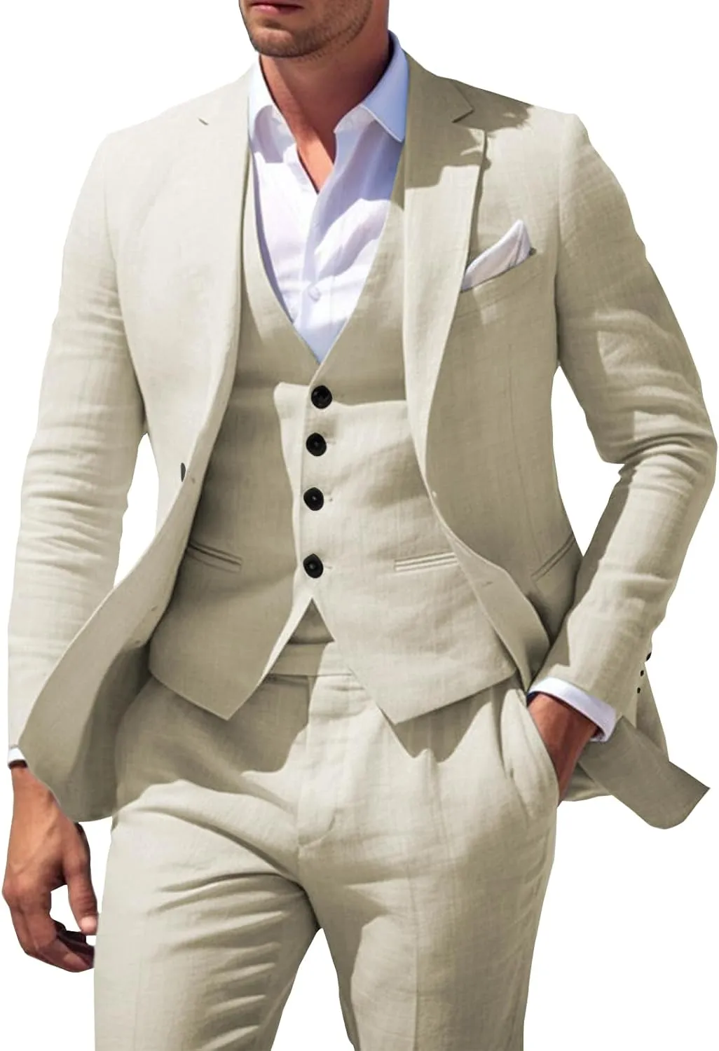 Men's 3 Piece Linen Suit for Men Wedding Suits Slim Fit Blazer Vest Pants Wedding Prom Suits