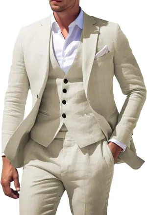 Men's 3 Piece Linen Suit for Men Wedding Suits Slim Fit Blazer Vest Pants Wedding Prom Suits