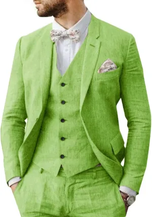 Men's 3-Piece Linen Suit Slim Fit Casual Suits Groomsmen Tuxedo Summer Beach Wedding Suits Set