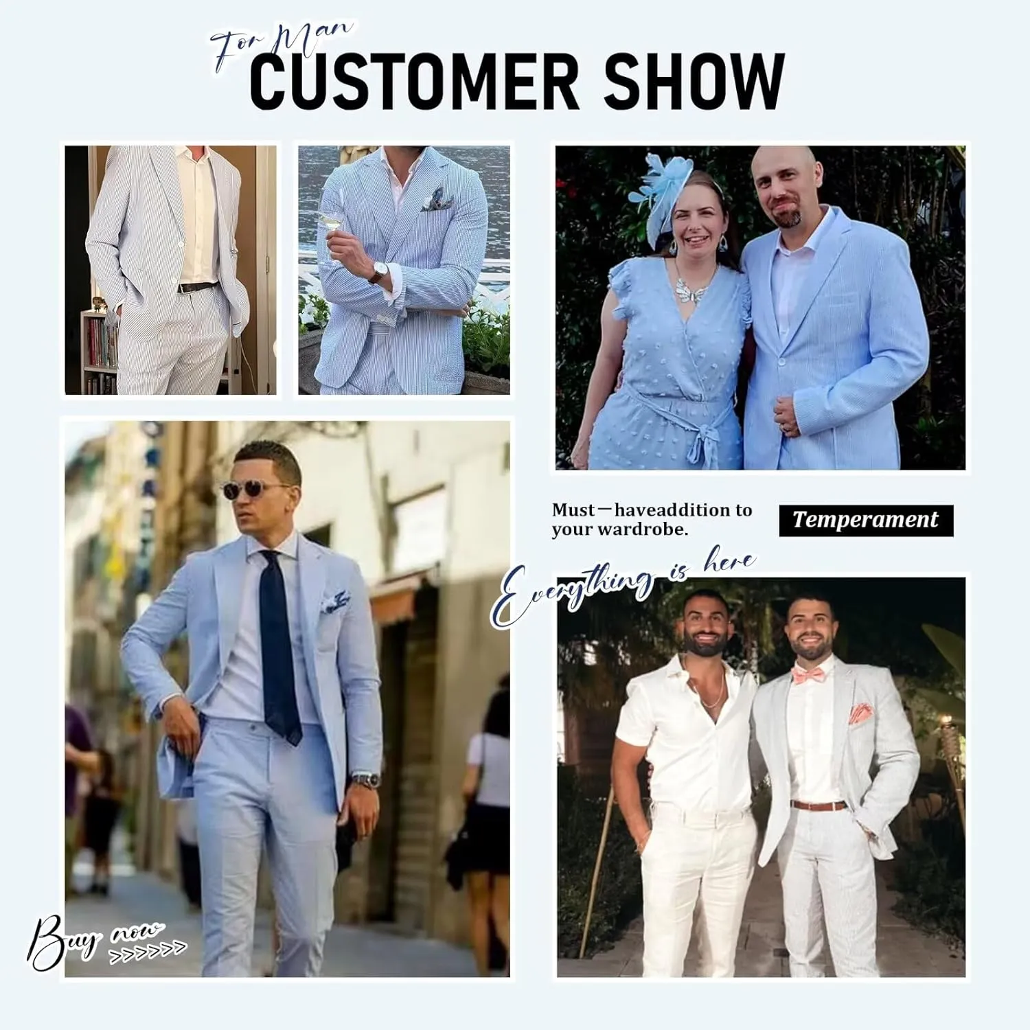 Mens Blue Seersucker Summer Suits Grooms Sear Sucker Suit for Wedding Mens Formal Suits Slim Fit