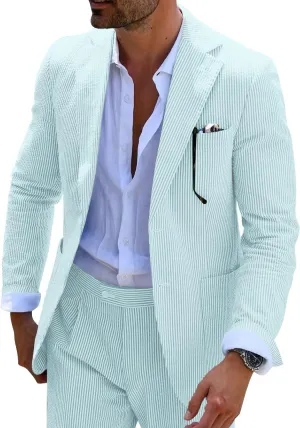 Mens Blue Seersucker Summer Suits Grooms Sear Sucker Suit for Wedding Mens Formal Suits Slim Fit