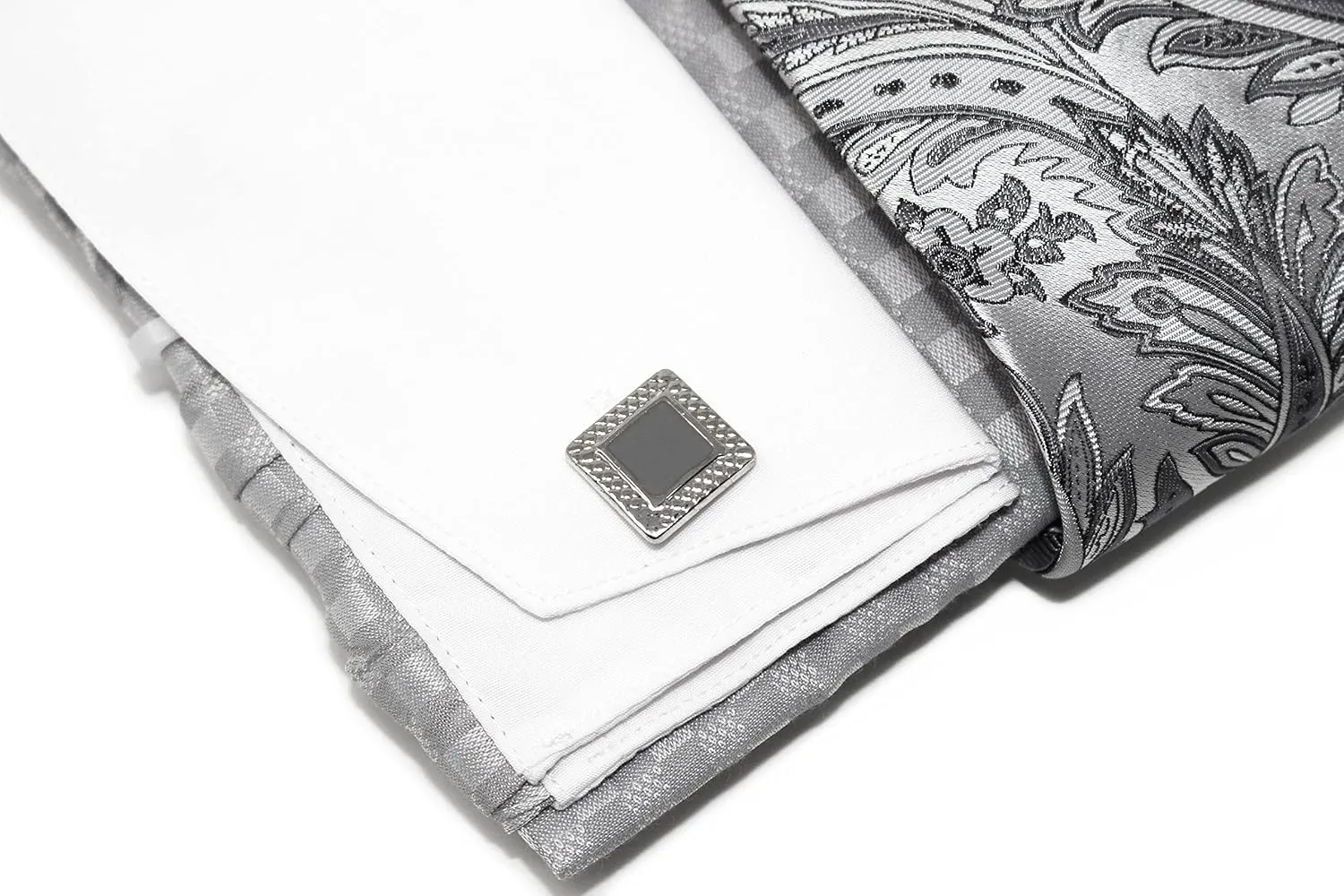 Men's Checkerd Pattern Regular Fit French Cuffs Long Sleeve Dress Shirts with Tie Hanky Cufflinks Collar Bar Combo