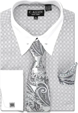 Men's Checkerd Pattern Regular Fit French Cuffs Long Sleeve Dress Shirts with Tie Hanky Cufflinks Collar Bar Combo