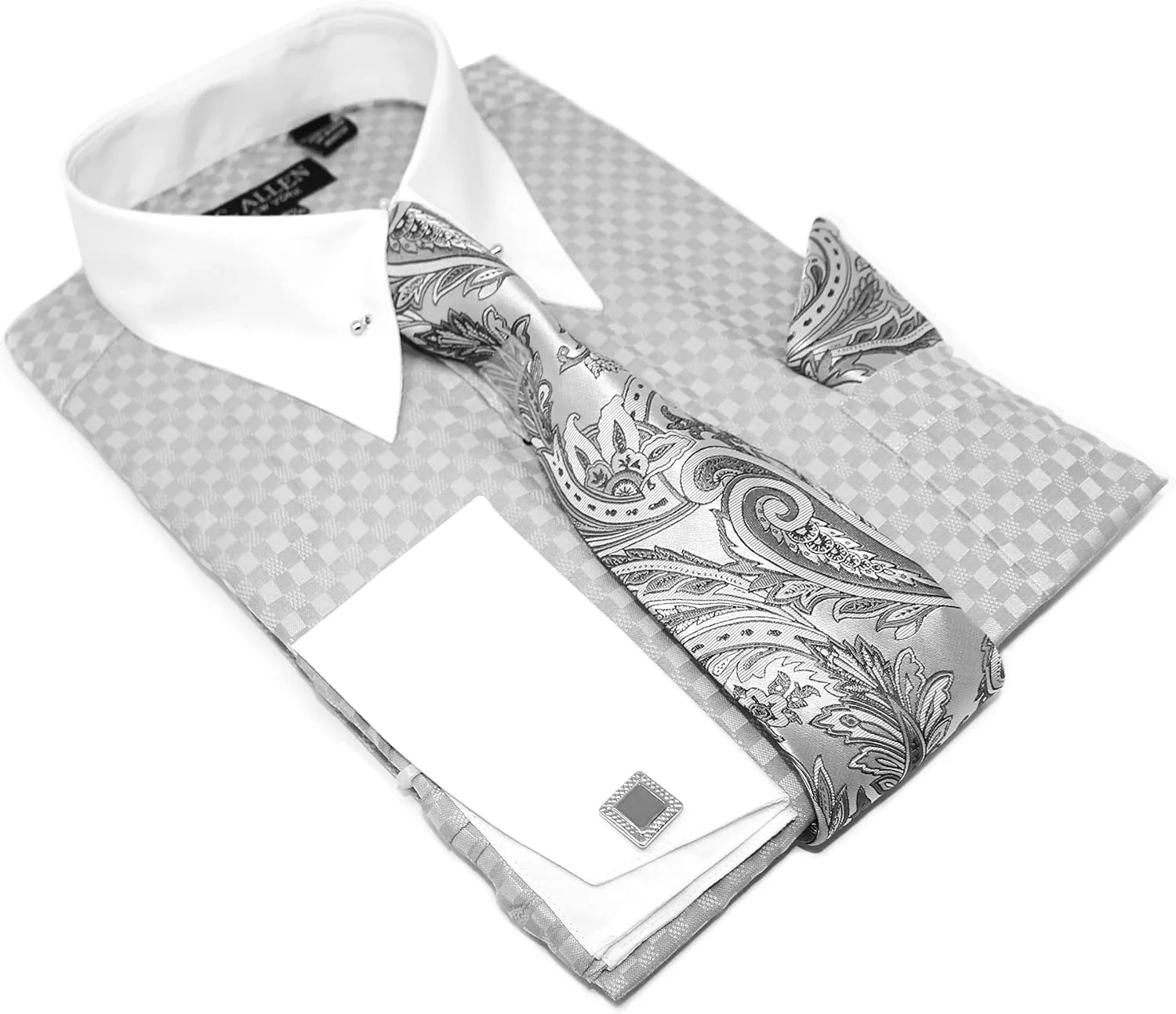 Men's Checkerd Pattern Regular Fit French Cuffs Long Sleeve Dress Shirts with Tie Hanky Cufflinks Collar Bar Combo