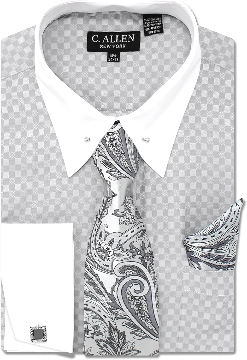 Men's Checkerd Pattern Regular Fit French Cuffs Long Sleeve Dress Shirts with Tie Hanky Cufflinks Collar Bar Combo