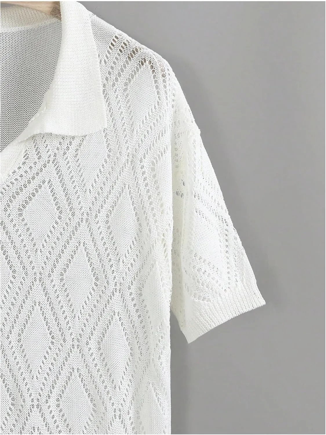 Men's Crochet Tops Short Sleeve Hollow Out V Neck Knit Shirts Pullover Summer Tops for Mens