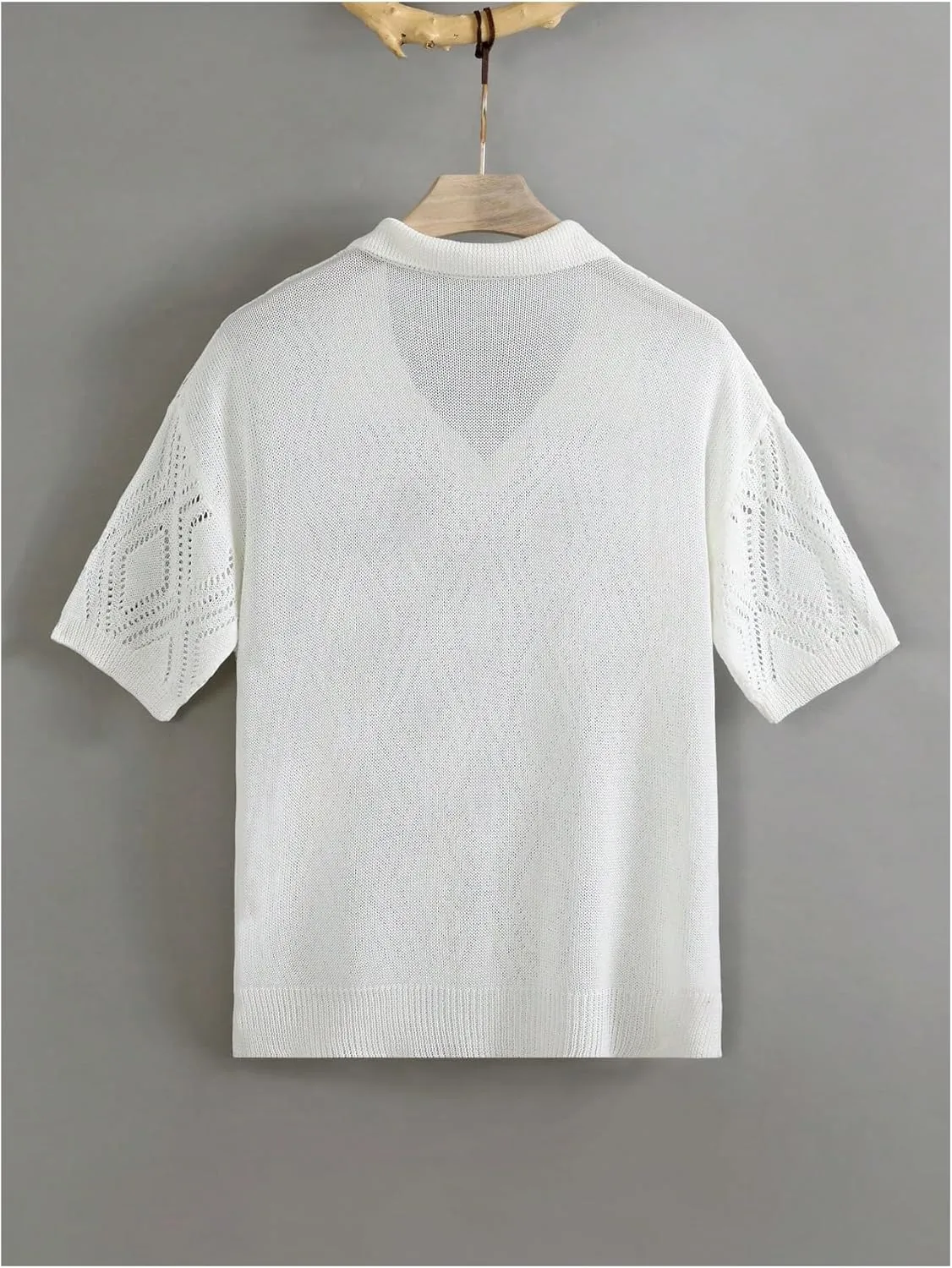 Men's Crochet Tops Short Sleeve Hollow Out V Neck Knit Shirts Pullover Summer Tops for Mens