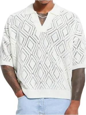 Men's Crochet Tops Short Sleeve Hollow Out V Neck Knit Shirts Pullover Summer Tops for Mens