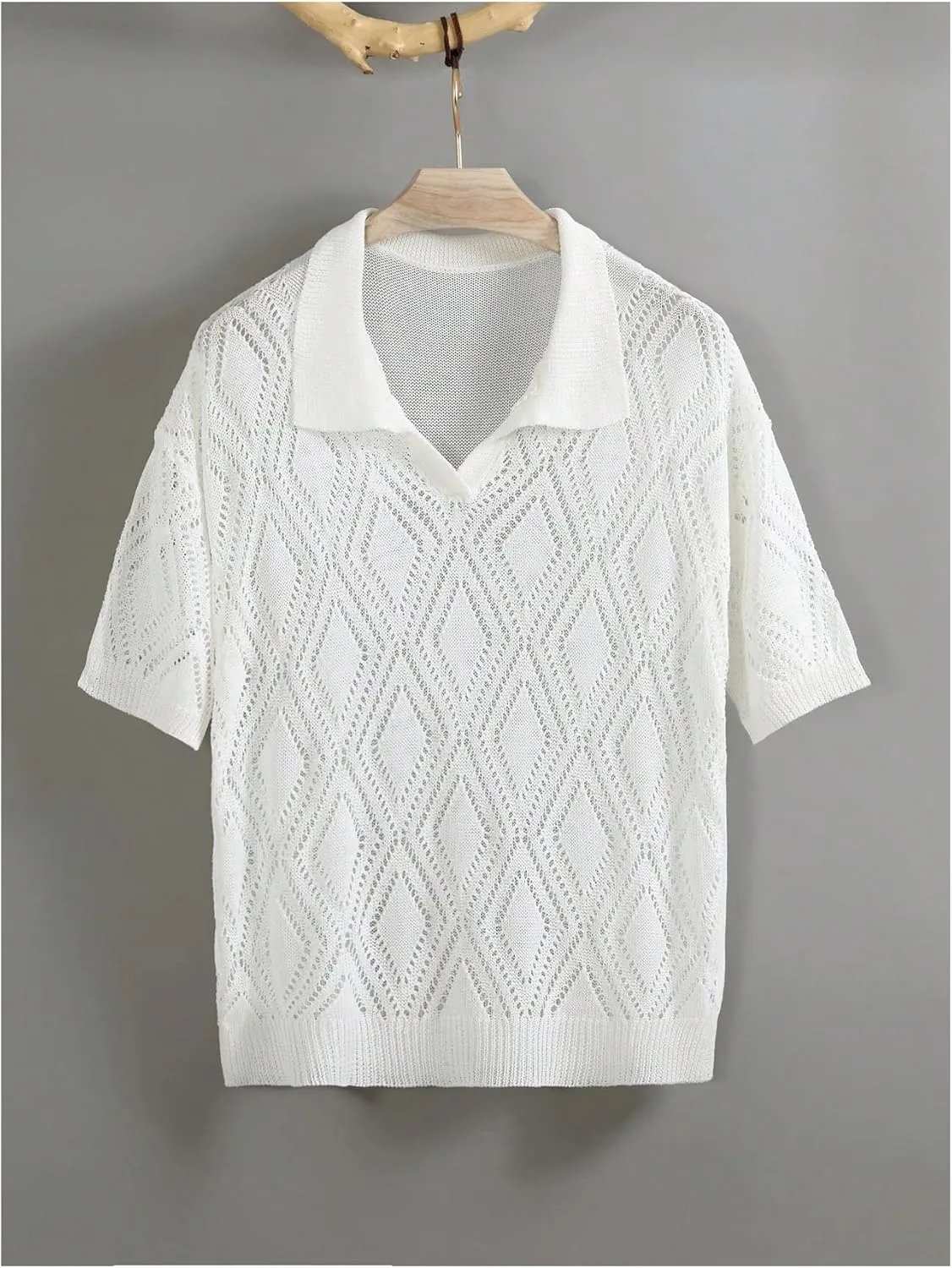 Men's Crochet Tops Short Sleeve Hollow Out V Neck Knit Shirts Pullover Summer Tops for Mens