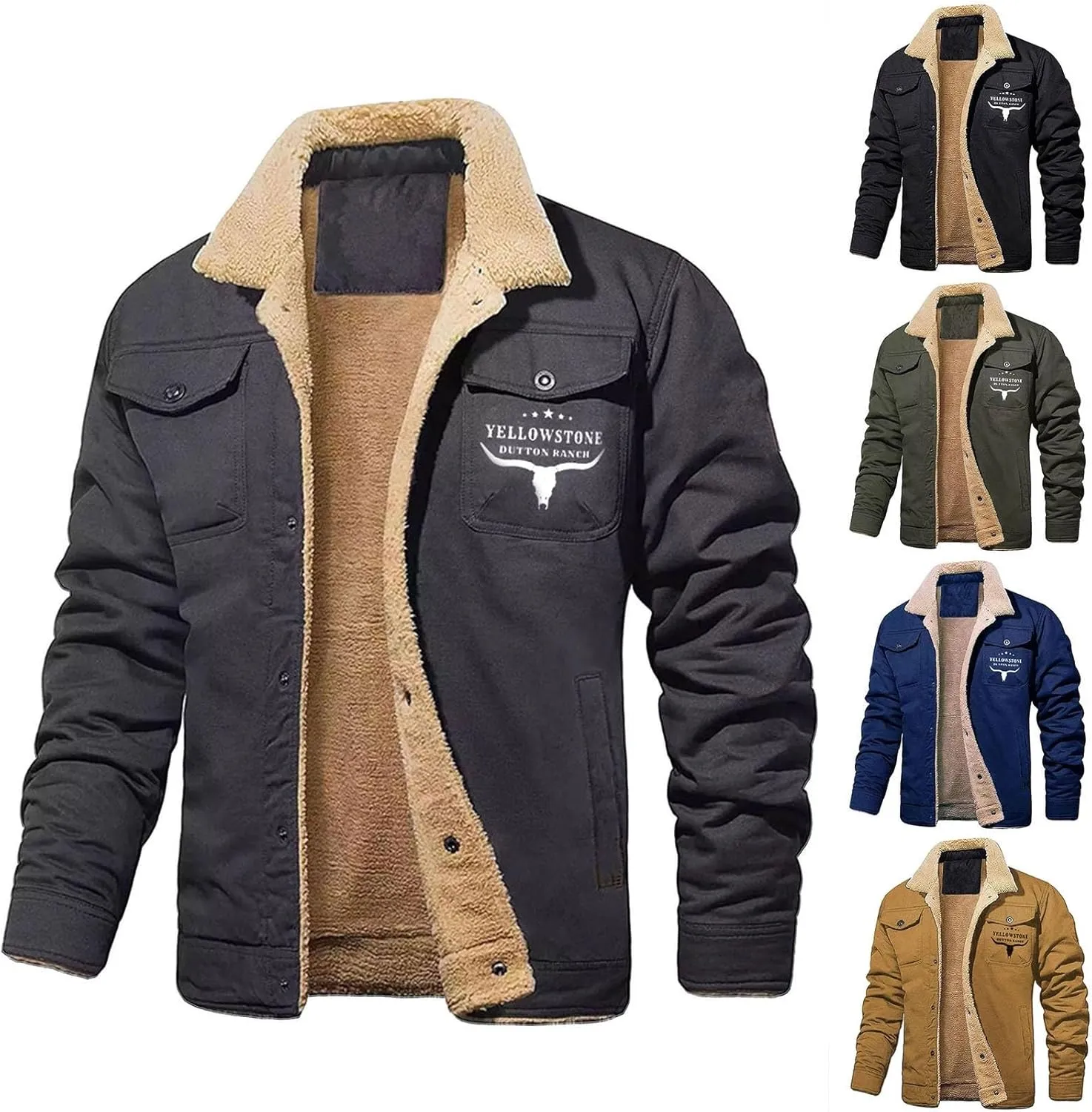 Men's Fleece Retro Jacket Western Sherpa Fleece Lined Coat Winter Warm Lapel Trucker Jackets with Pockets