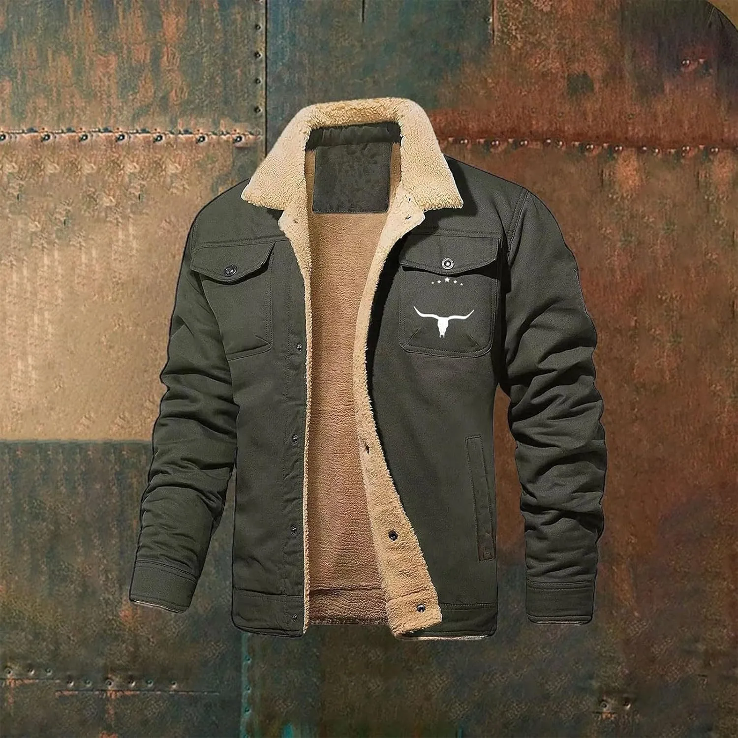 Men's Fleece Retro Jacket Western Sherpa Fleece Lined Coat Winter Warm Lapel Trucker Jackets with Pockets