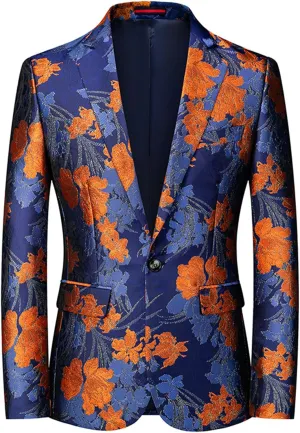 Men's Floral Tuxedo Jackets Notched Lapel Slim Fit Blazer Jacket Single Breasted Stylish Casual Printed Suit Jacket