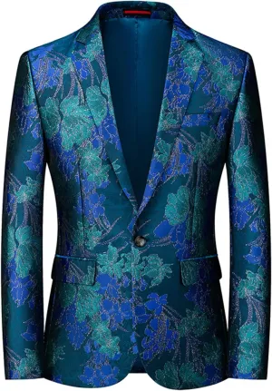 Men's Floral Tuxedo Jackets Notched Lapel Slim Fit Blazer Jacket Single Breasted Stylish Casual Printed Suit Jacket