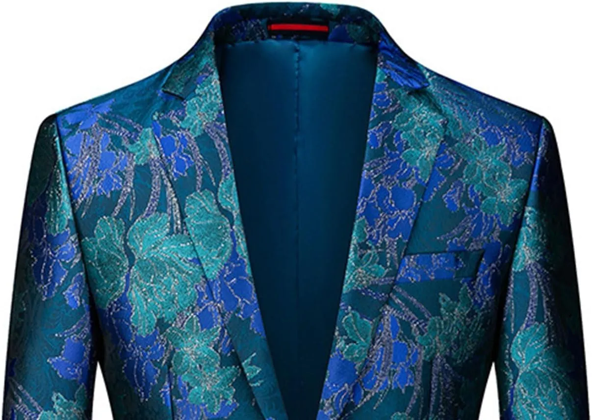 Men's Floral Tuxedo Jackets Notched Lapel Slim Fit Blazer Jacket Single Breasted Stylish Casual Printed Suit Jacket