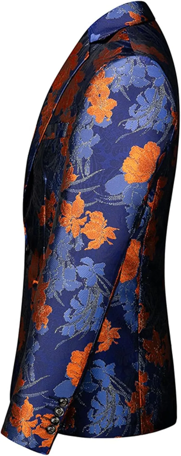Men's Floral Tuxedo Jackets Notched Lapel Slim Fit Blazer Jacket Single Breasted Stylish Casual Printed Suit Jacket