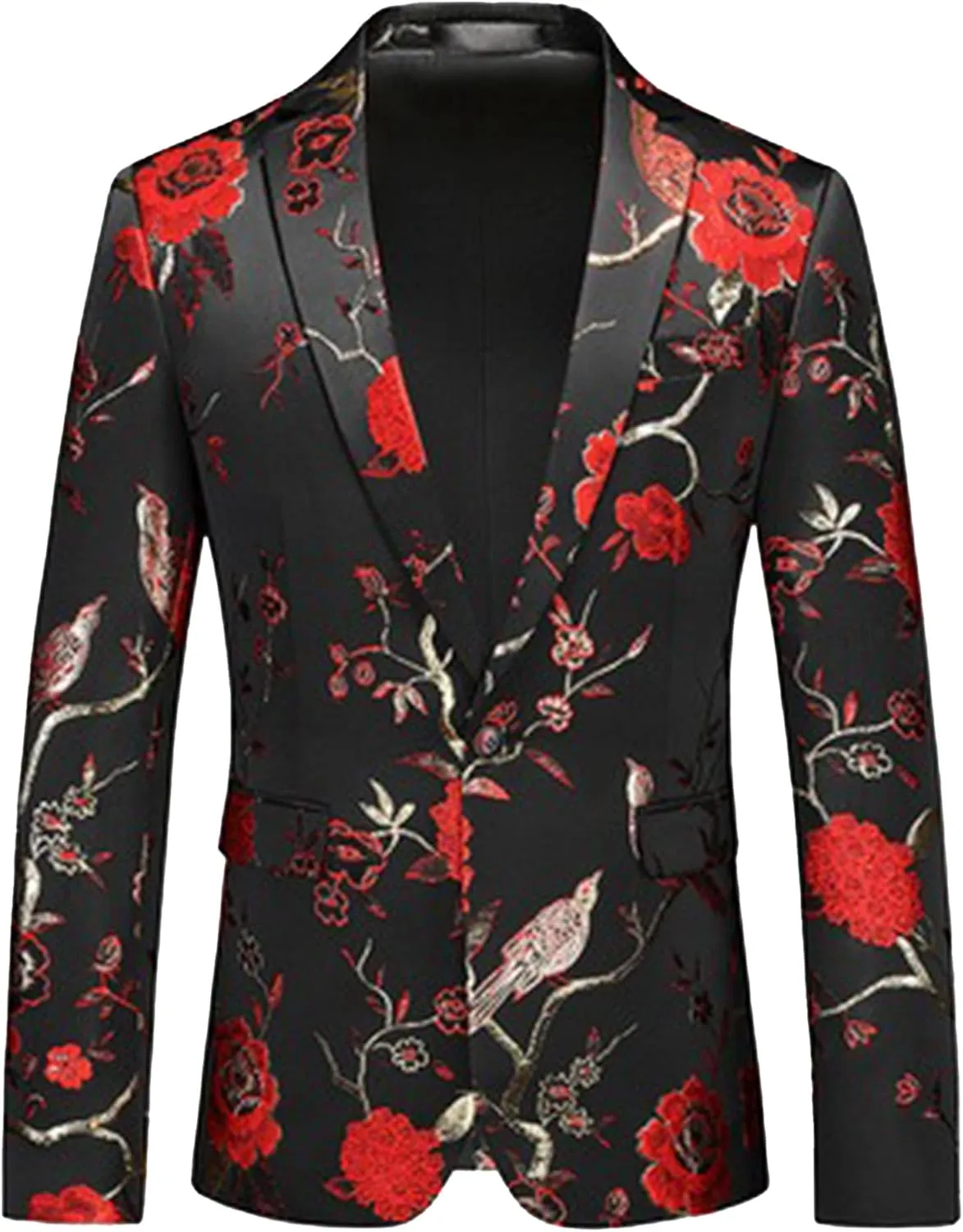 Men's Floral Tuxedo Jackets Notched Lapel Slim Fit Blazer Jacket Single Breasted Stylish Casual Printed Suit Jacket
