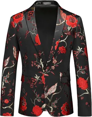 Men's Floral Tuxedo Jackets Notched Lapel Slim Fit Blazer Jacket Single Breasted Stylish Casual Printed Suit Jacket