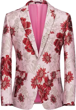 Men's Floral Tuxedo Jackets Notched Lapel Slim Fit Blazer Jacket Single Breasted Stylish Casual Printed Suit Jacket
