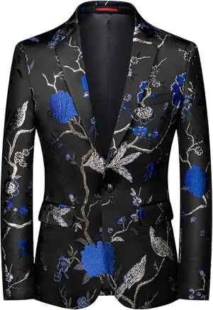 Men's Floral Tuxedo Jackets Notched Lapel Slim Fit Blazer Jacket Single Breasted Stylish Casual Printed Suit Jacket