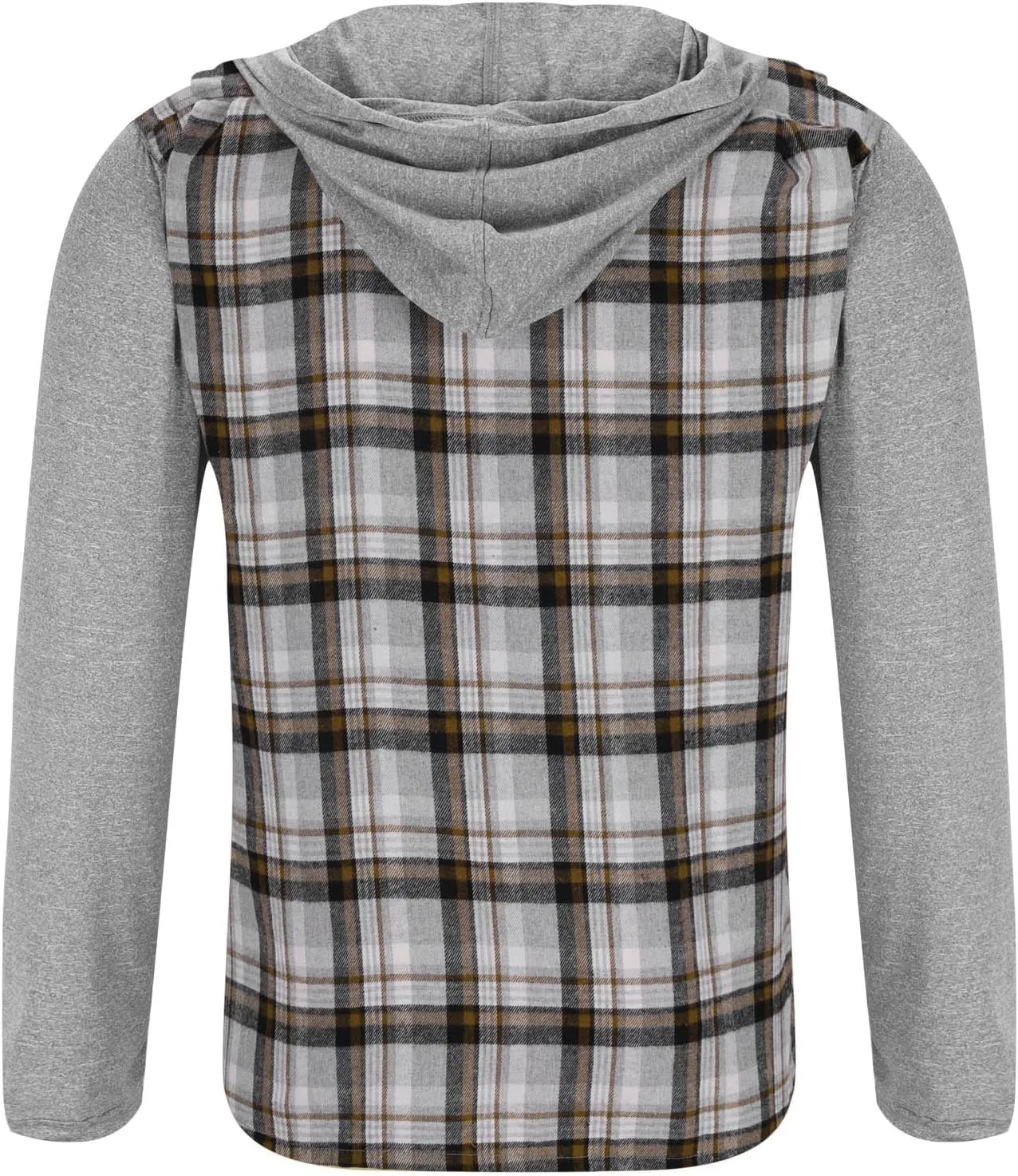 Mens Patchwork Plaid Shirt Jacket Long Sleeve Button Down Checked Hoodies Casual Flannel Shirts Outerwear Tops