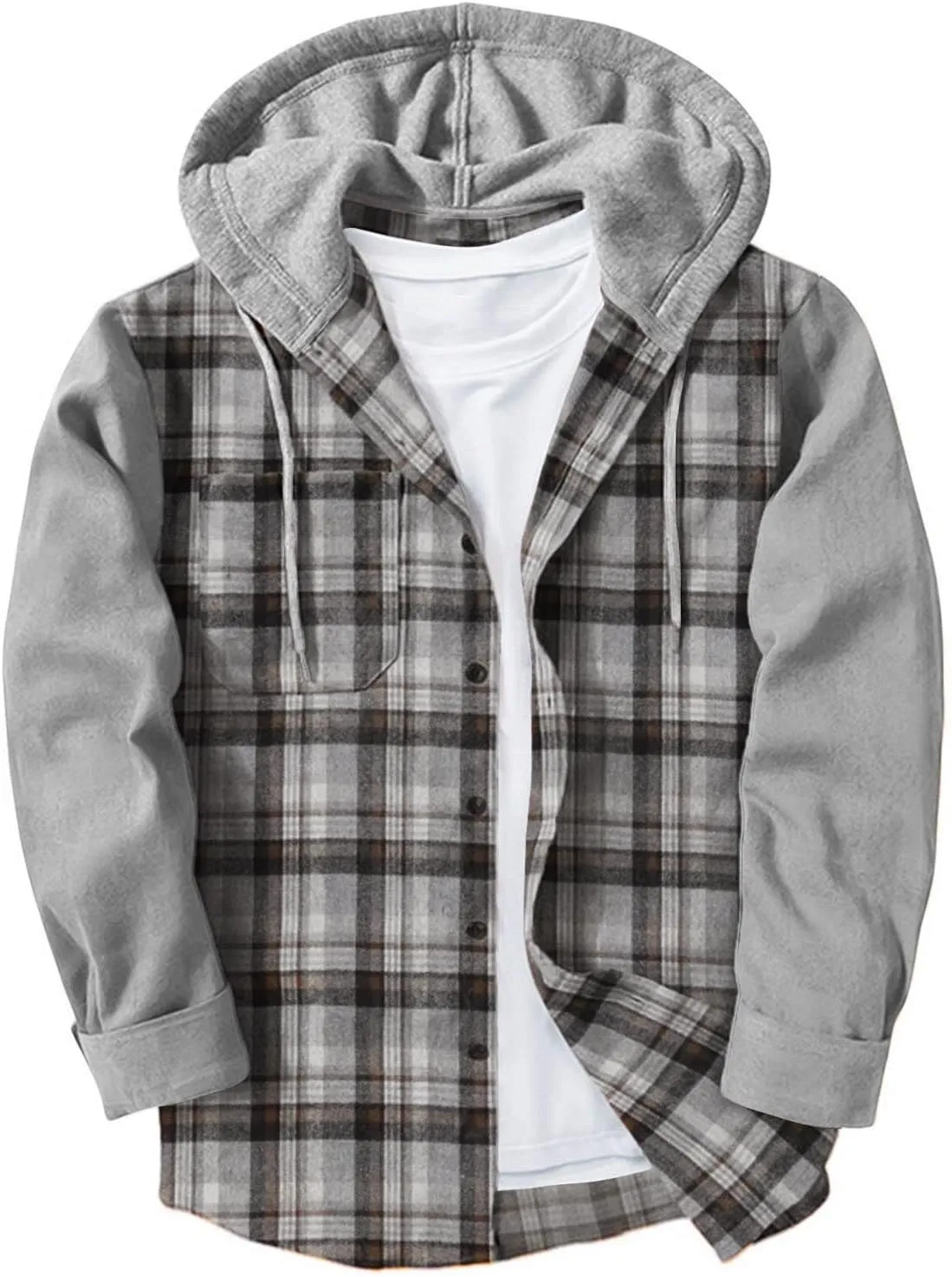 Mens Patchwork Plaid Shirt Jacket Long Sleeve Button Down Checked Hoodies Casual Flannel Shirts Outerwear Tops