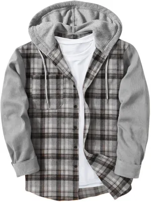 Mens Patchwork Plaid Shirt Jacket Long Sleeve Button Down Checked Hoodies Casual Flannel Shirts Outerwear Tops