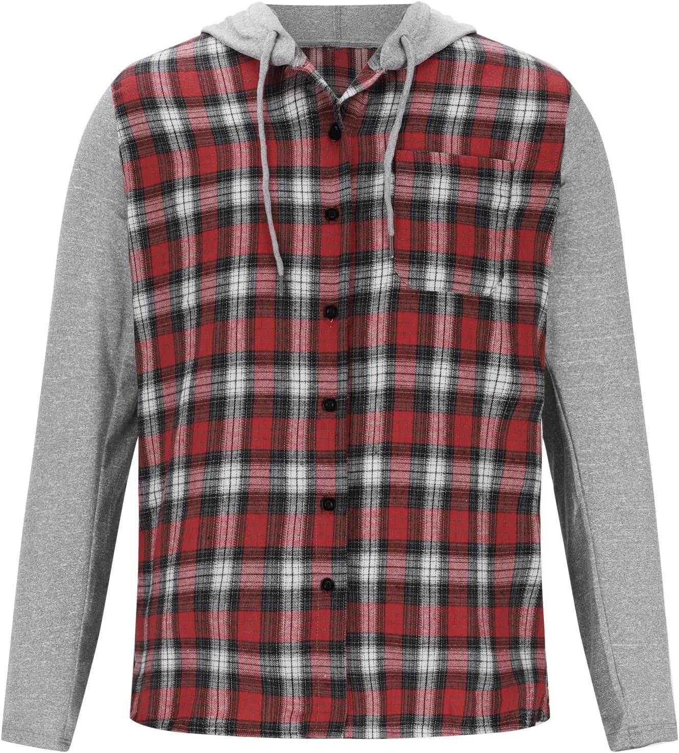 Mens Patchwork Plaid Shirt Jacket Long Sleeve Button Down Checked Hoodies Casual Flannel Shirts Outerwear Tops