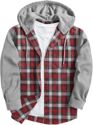 Mens Patchwork Plaid Shirt Jacket Long Sleeve Button Down Checked Hoodies Casual Flannel Shirts Outerwear Tops