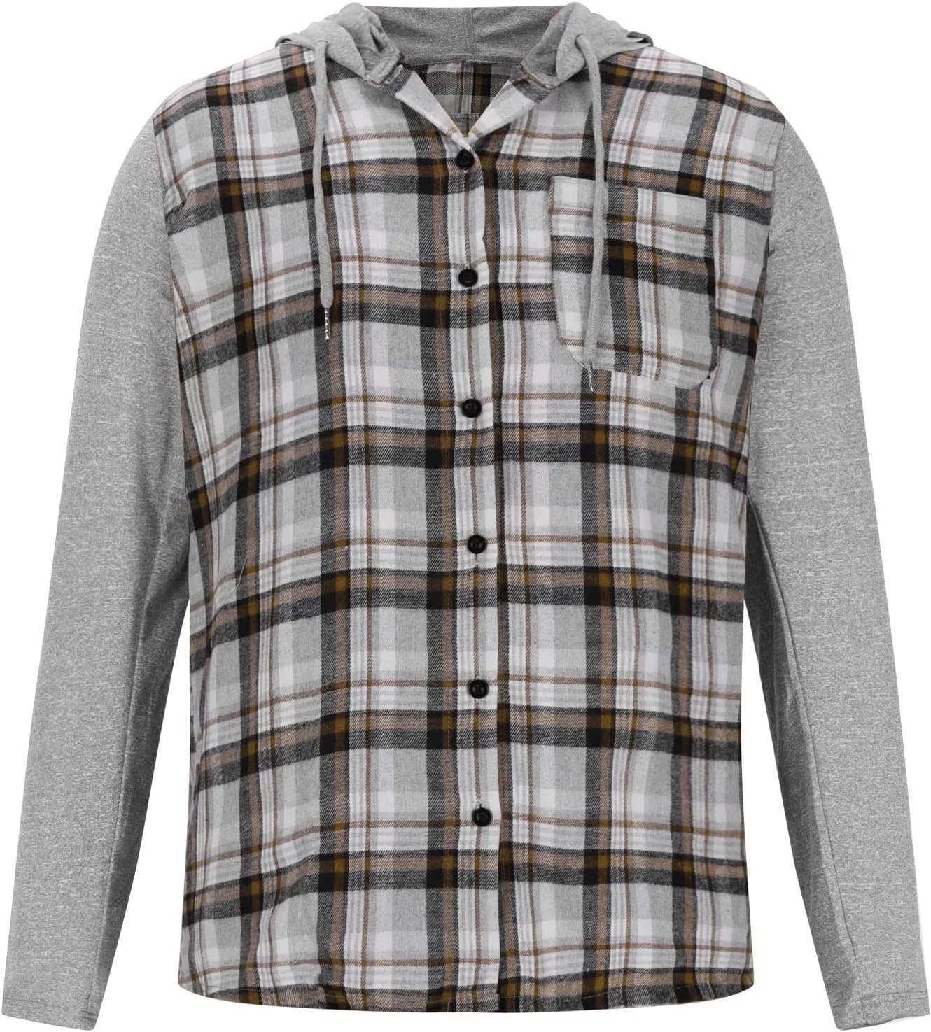 Mens Patchwork Plaid Shirt Jacket Long Sleeve Button Down Checked Hoodies Casual Flannel Shirts Outerwear Tops